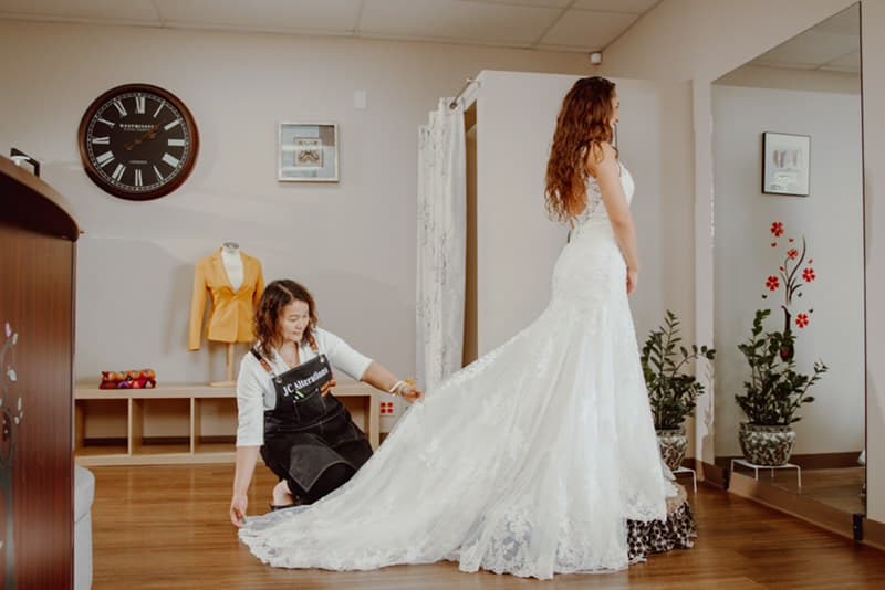 Bridal gown on a dress form at the JC Alterations bridal studio